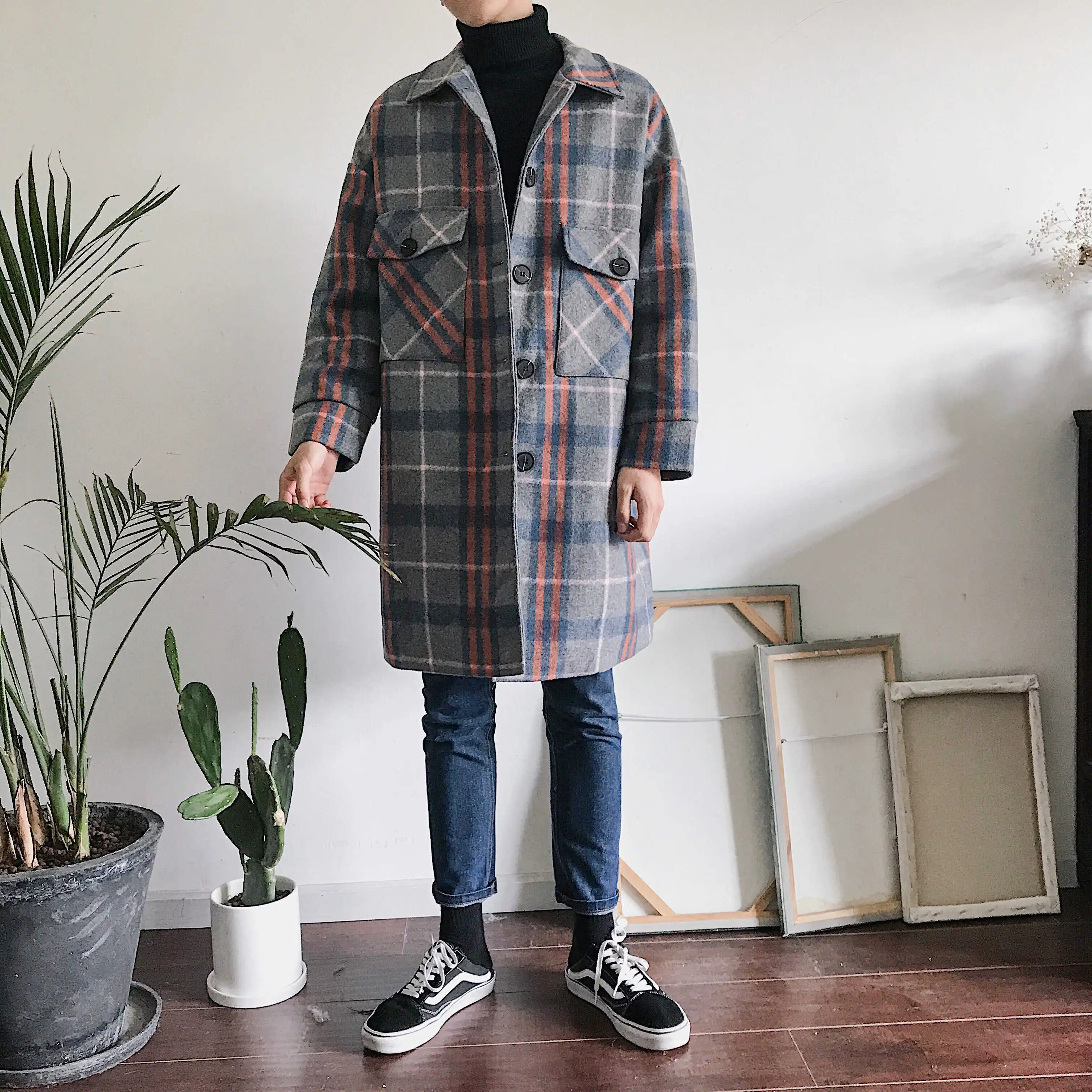 Red and blue grid Зимняя новая шотландская куртка мужская мода Ретро Повседневная Длинная британская ветровка мужская уличная свободная шерстяная ветровка мужская одежда - Цвет: Red and blue grid