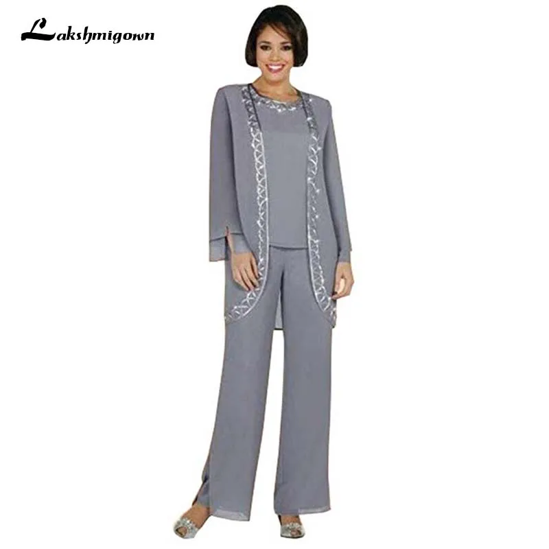 

Custom Made Mother of the Bride Dresses With Jacket Pants Suits Three Pieces Silver Bride of Groom Chiffon Wedding Guest Wear
