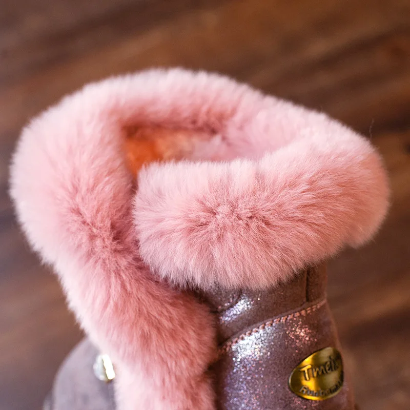 Зимние Девичьи зимние сапоги для женщин; ботинки из натуральной кожи детские сапоги "Принцесса" кроличий мех плюш хлопковые сапоги, на плоской подошве