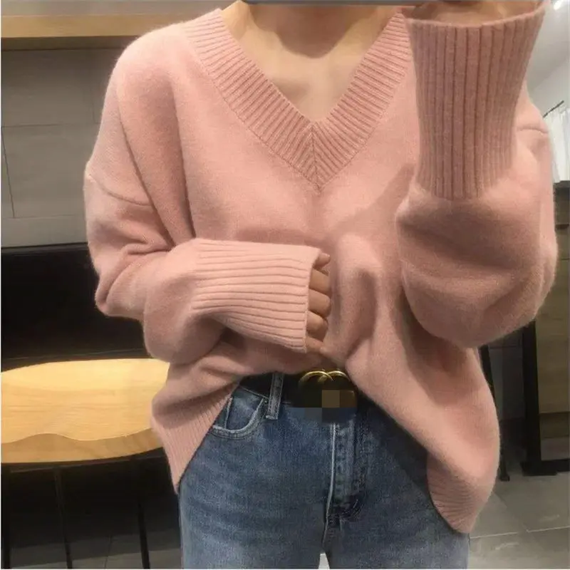 pink sweater RICININA, милый женский свитер, длинный рукав, v-образный вырез, однотонный, розовый, Повседневный, негабаритный, пуловер, женский свитер, вязаный джемпер для женщин - Цвет: pink sweater