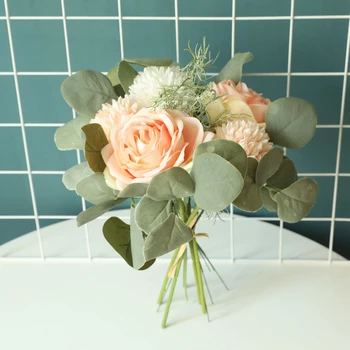 

1Bouquet Artificial Silk Rose Flower Bridesmaid Bouquet White Purple Pompom Eucalyptus Leaf Wedding Bouquet