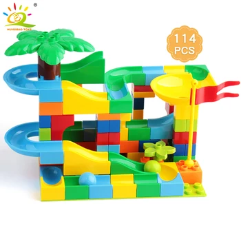 

HUIQIBAO 114Pcs Jungle Marble Race Run Building Blocks Duploed Maze Ball Slide Funnel Slide Construction Big Brick For Kids