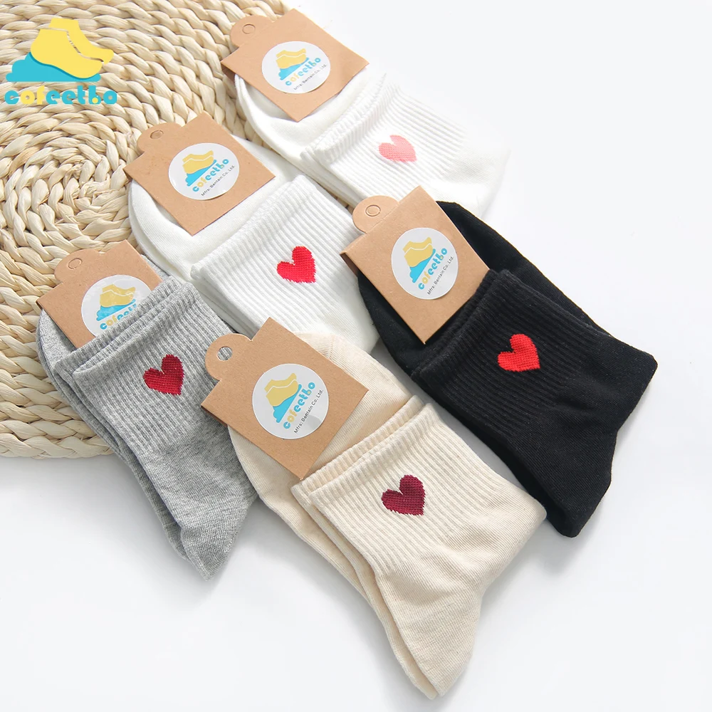 Женские Длинные хлопковые носки в стиле Харадзюку с сердечком, японский стиль, новинка, Модные Носки с рисунком, однотонные хлопковые носки в стиле хип-хоп, красивые русские носки