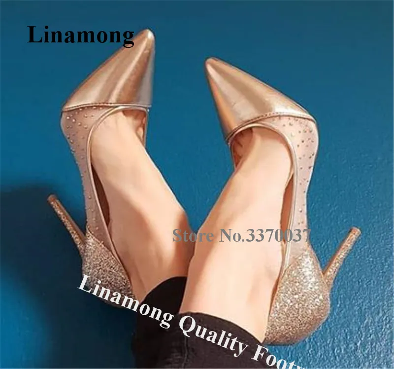 

Linamong Bling Bling Gold Pointed Toe Mesh Glitter Patchwork Stiletto Heel Pumps Shining Rhinestone High Heels Wedding Heels
