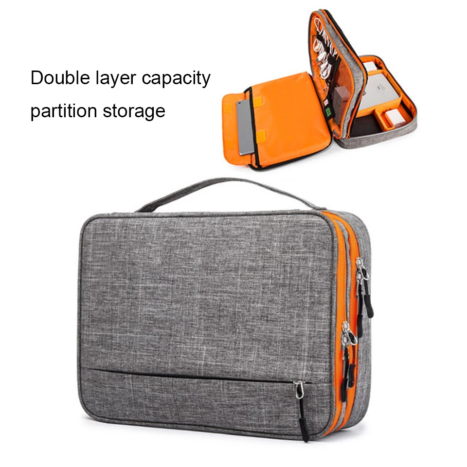 Online Bolsa de almacenamiento de accesorios electrónicos de doble capa con espacio separado y tiras de separación funda organizadora portátil para iPad, discos duros, Cables,