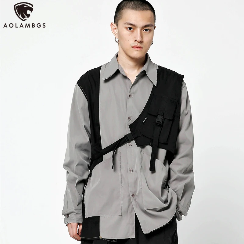 

AOLAMEGS Functional Vest Men Pocket Tactical Adjustable Cargo Vest Black High Street Style Fashion Sleeveless Male Streetwear