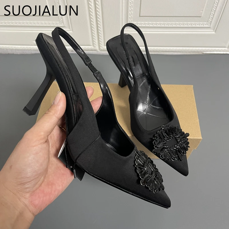 SUOJIALUN New Spring Fashion Crystal Buckle Sandals Women Thick High Heels Pointed Toe Slingback Shoes Elegant Slip On Mule