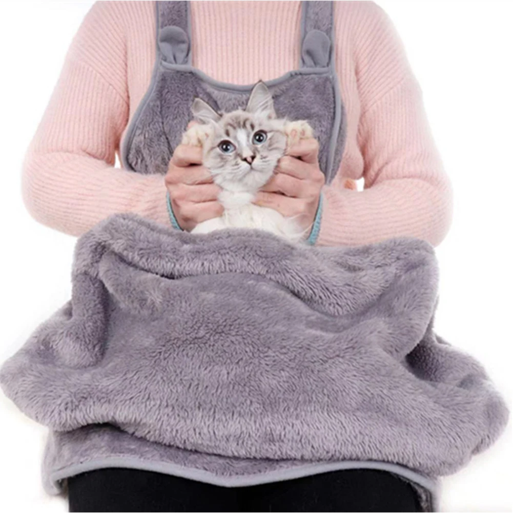Fashion Holding Gift Durable Grey Home Outdoor Dog Cat Soft Comfortable Pet Carrying Apron Coral Fleece Pocket Anti-stick Hair