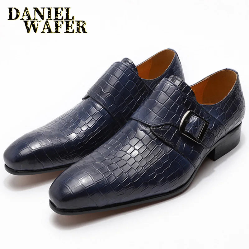 Кожаная мужская обувь; Высококачественная обувь из крокодиловой кожи с принтом; цвет синий, черный; повседневная обувь на ремешке без шнуровки; парадная обувь; мужские лоферы