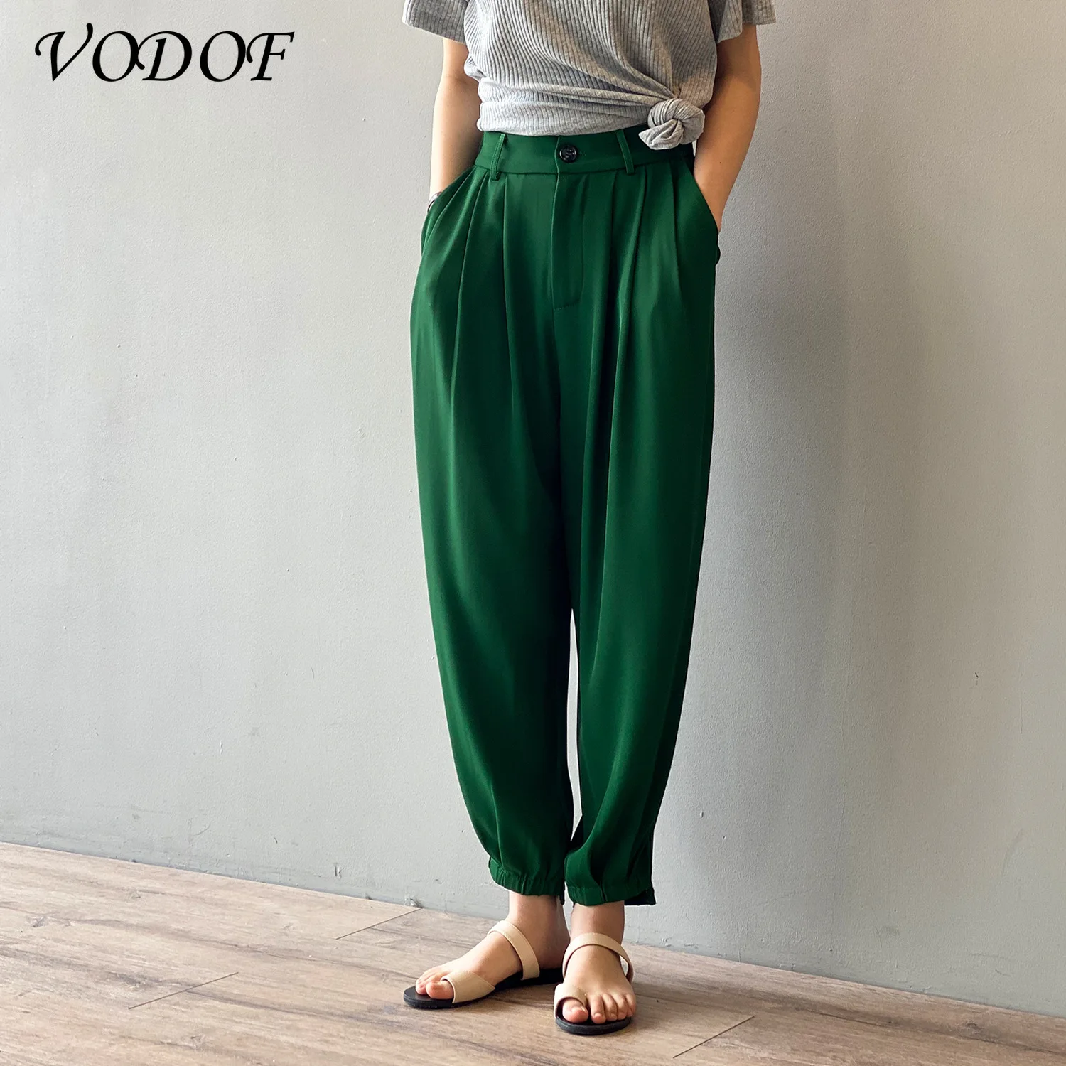 VODOF Suit Pants Woman High Waist Pants Sashes Pockets Office Ladies Pants Fashion Middle Aged Pink Yellow Pants