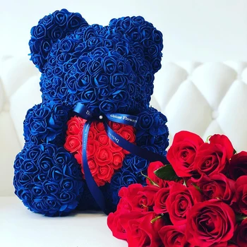 

Hot 40cm Artificial Rose Heart Teddy Bear Handmade Bear of Roses For Women Valentine's Day Wedding Bithday Gift Drop Shipping