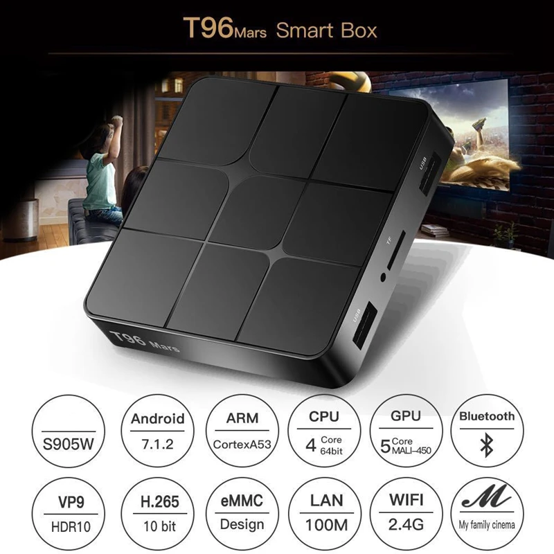 T96 Mars Android 7.1.2 ТВ приставка Amlogic S905W 2G+ 16G 2,4 GHz 4K HD H265 Bluetooth 2,1 WiFi медиаплеер телеприставка(штепсельная Вилка европейского стандарта