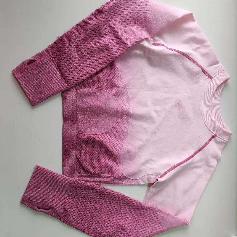 Tanie Nepoagym kobiety Ombre przycięte bez szwu z długim rękawem Top krótki Top kobiety koszulki treningowe dla kobiet sportowe topy siłownia kobiet