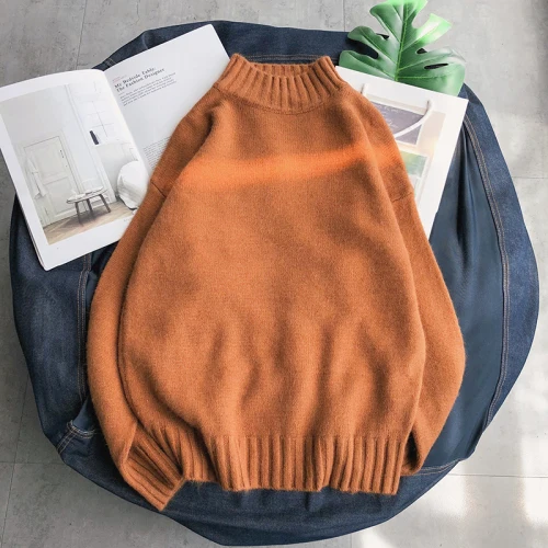 Liketkit, мужской Весенний Повседневный свитер с круглым вырезом,, Одноцветный корейский пуловер для пары, Модный Цветной вязаный свитер для женщин - Цвет: Camel