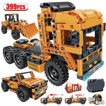 

2 IN 1 City Pull Back Off Road Car Bricks Technic Engineering Loader Flatbed Truck Creator Building Blocks Toys For Boys