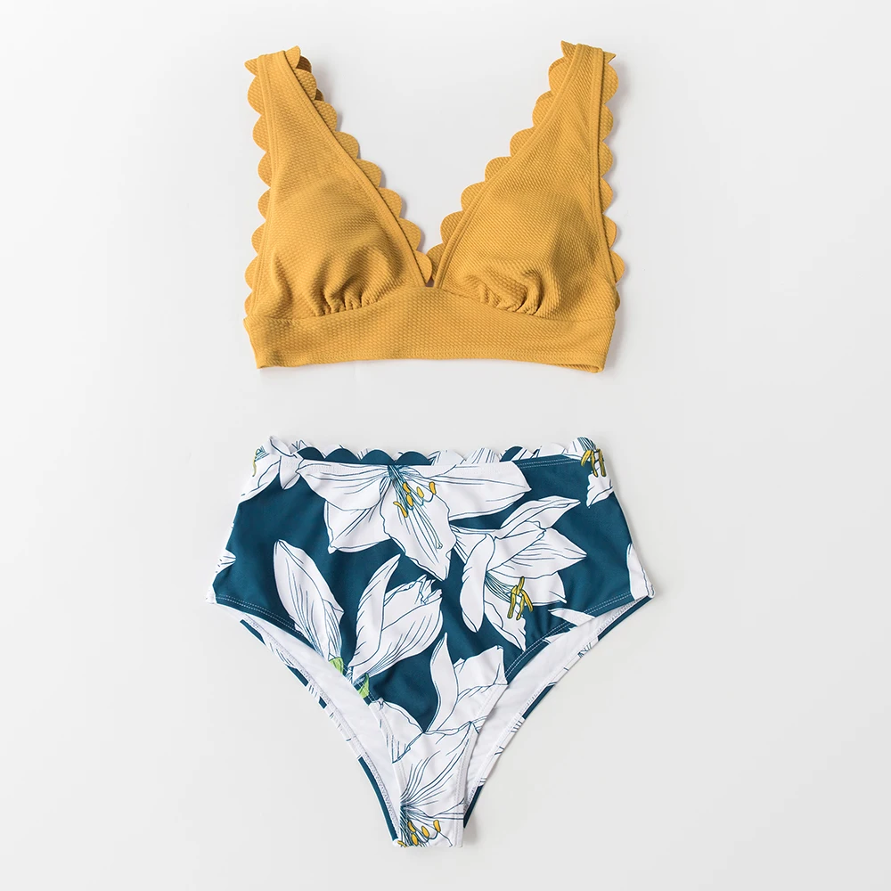 SEASELFIE V-Neck Scalloped High-Waist Bikini Sets Women Sexy Yellow Floral Bikini Two Pieces Swimsuits 2020 Beach Swimming Suit