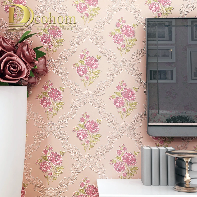 Европейский пасторальный дамасский цветочный обои для стен спальни гостиной Декор тисненый Розовый Фиолетовый 3D цветок обои в рулонах