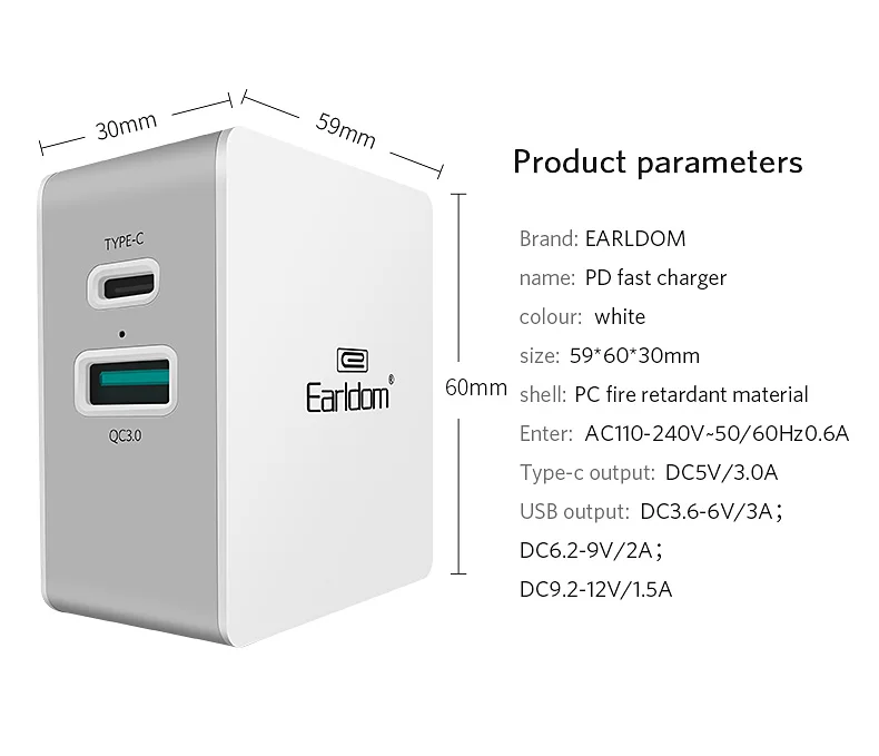 Earldom 36 Вт 2 порта PD+ QC3.0 Быстрая зарядка USB зарядное устройство дорожное настенное быстрое зарядное устройство для телефона s 3,0 адаптер портативный для ЕС, США, Великобритании