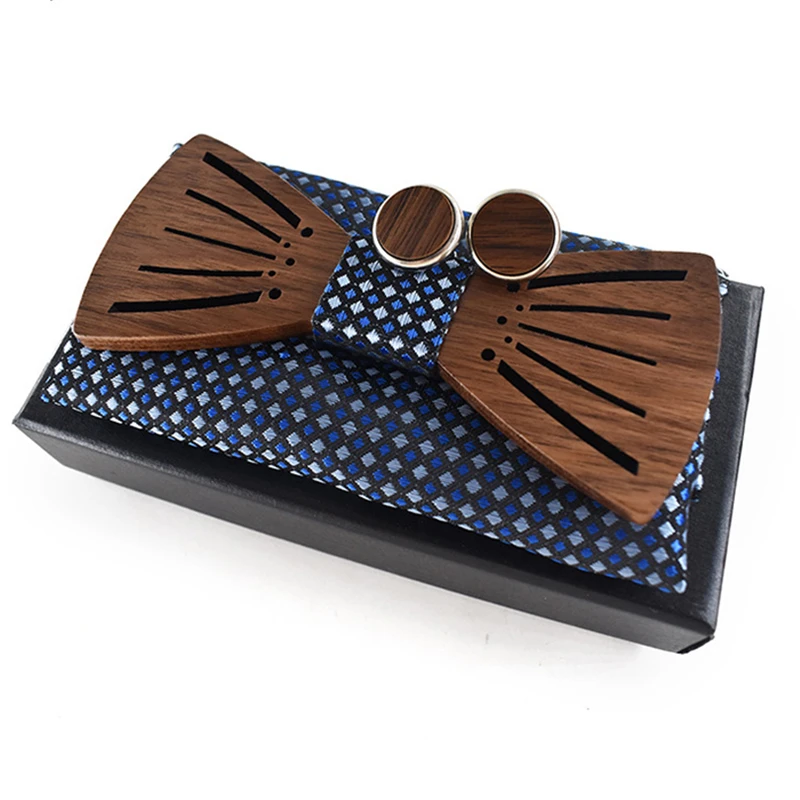 

dropshipping walnut wooden designer bowtie hollow luxury mens butterfly wood bow tie set with cufflink and kerchief