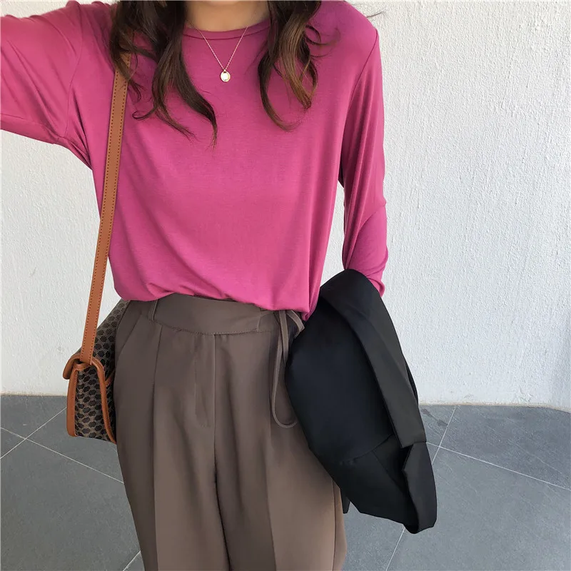 Женская Базовая Однотонная футболка с длинными рукавами круглый вырез модальный