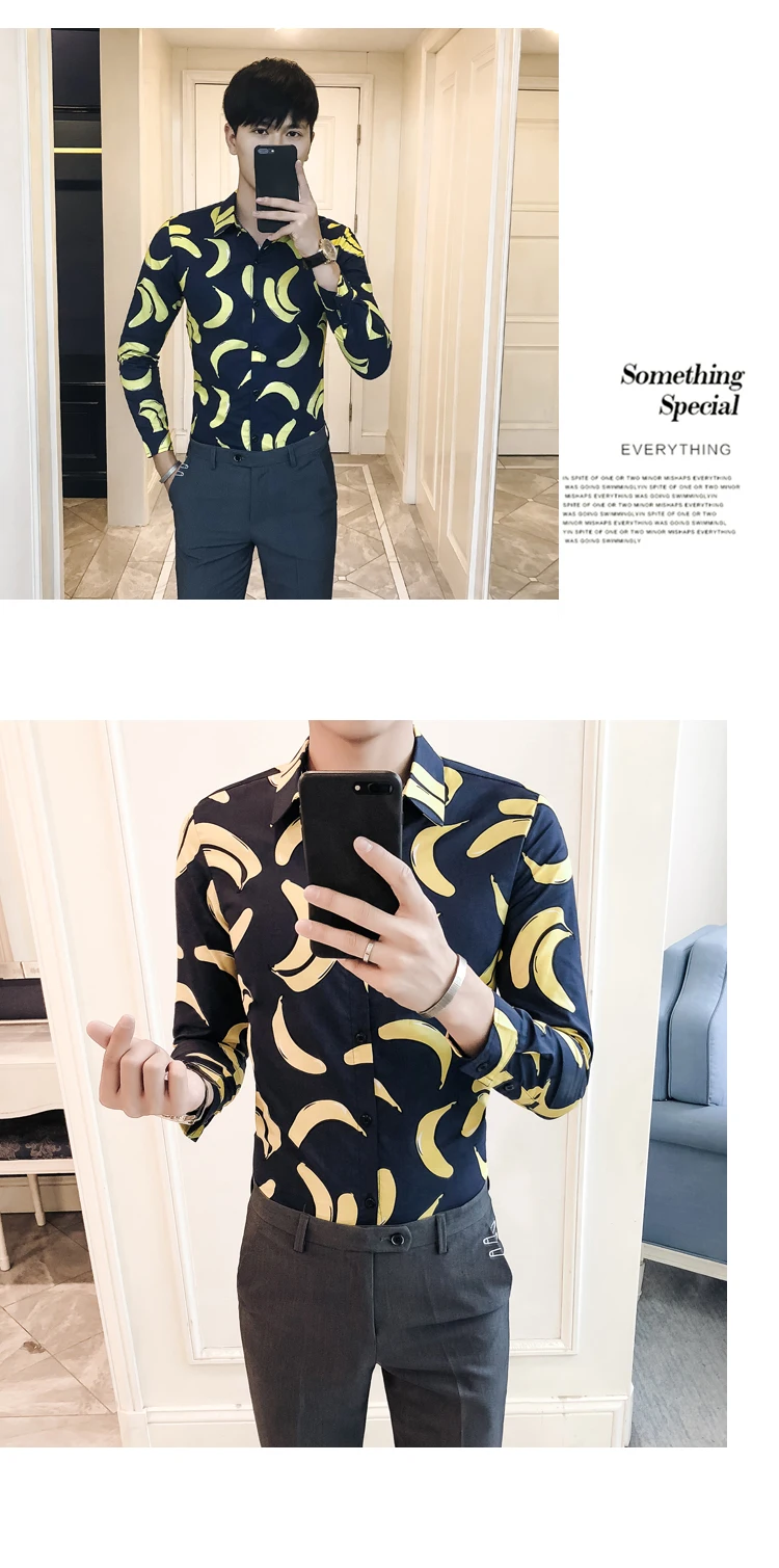 VOGUELEO тонкая рубашка стиль с длинными рукавами Корейская версия лето осень мужская одежда отложной воротник банан печати Мода