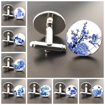 

Chinese Celadon Flower Glass Cabochon Cufflinks Silver Chinese Traditional Blue and White Flower Shirt Cufflinks for Women