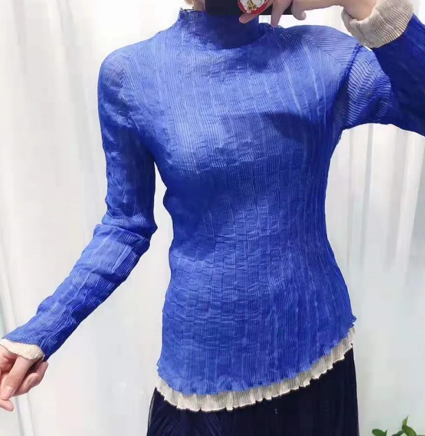 blue and Beige Горячая Miyake fold длинный рукав стойка для ремонта воротник двухсторонняя одежда тонкая футболка - Цвет: blue and Beige