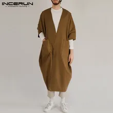 INCERUN/мужские тренчи, повседневные куртки из искусственного флиса с карманами, однотонная модная верхняя одежда, 3/4 длинный кардиган с рукавами для мужчин