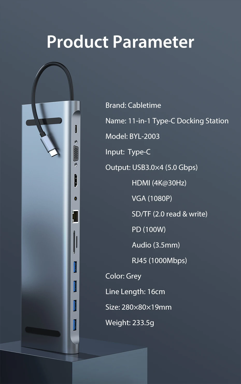 CABLETIME Multi 11 in 1 USB C HUB to HDMI 45 RJ45 LAN 1000Mbps SD TF Card Reader VGA PD Aux Port for Laptop Macbook H23