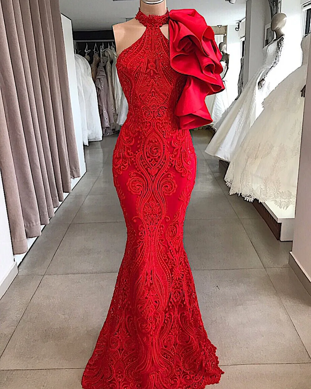 Robe De Soiree Mermaid Evening Dresses Halter Elegant Red One Shoulder Appliques Beading Sleeveless Formal Long Party Dress