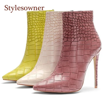 

New Autumn Winter Stiletto Pointed-Toe Fashion Boots All-match Leather Sexy Stone Pattern Super-high-heel Side Zip Boots Woman