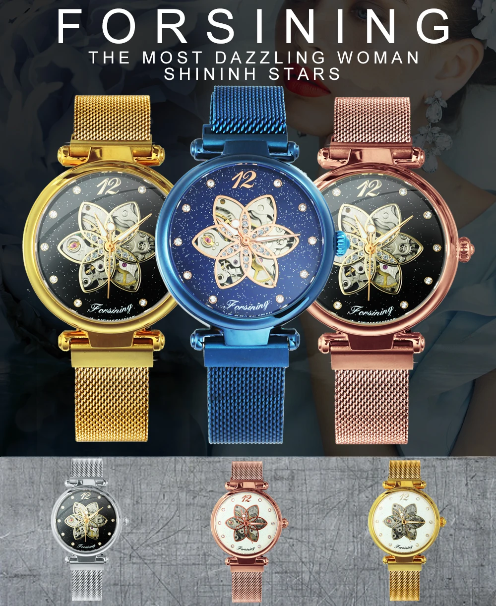 FORSINING Elegant Women Watches Top Brand Luxury Automatic Mechanical Skeleton Flower Bling Starry Dial Ultra Thin Ladies Watch