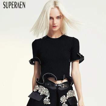 

SuperAen New Summer 2020 Knit T Shirts Women Short Sleeve Wild Fashion Ladies T Shirts Solid Color Europe Tops Female