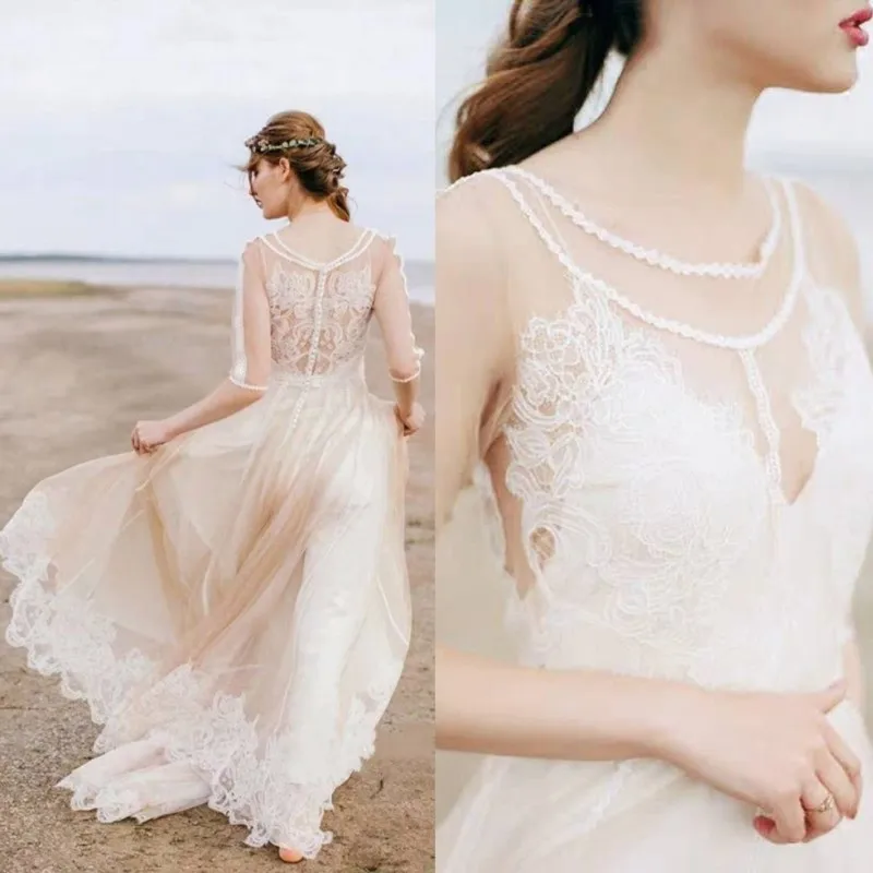 Многоцветный Vestido De Noiva элегантное пляжное свадебное платье в стиле бохо кружевное вечернее платье с фатиновой юбкой аппликации романтические Простые Свадебные платья - Цвет: Многоцветный