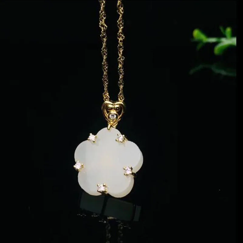 Hot Sale 925 Sterling Silver Hetian White Jade 16*16mm Gems Carved Flower Pendant For Women Jewelry Party Xmas Gift