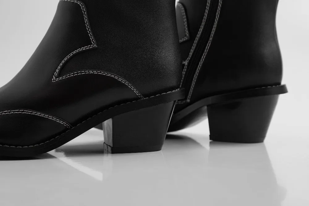 Genuine Leather boots women pointed toe chunky hight heel knight boots embroider retro style lady knee high boots black2019 new