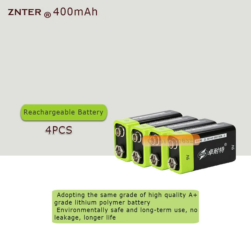 4 шт. ZNTER S19 9V 400 мА/ч, USB, Перезаряжаемые 9В литий-полимерный Батарея для RC Аксессуары для видео-квадрокоптеров