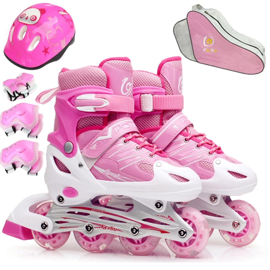 pink Size M 35-38 9 шт./компл. детей мигания регулируемые коньки роликовые детей кататься на коньках обувь шлем колени запястье протектор Шестерни для подростков - Цвет: pink Size M 35-38