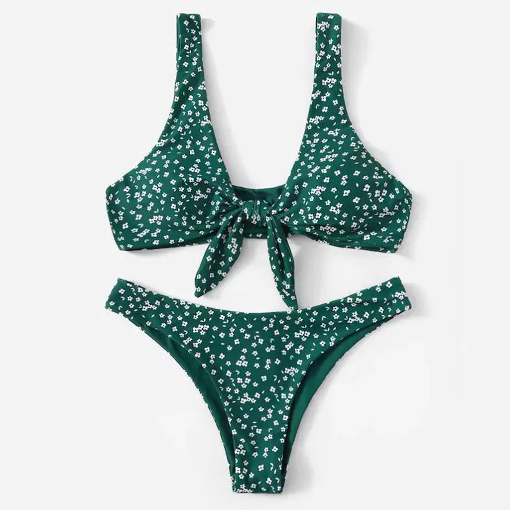 JAYCOSIN strap bow women swimwear small floral print fresh solid sweet sexy bathing bikini beachwear low waist gathered swimsuit