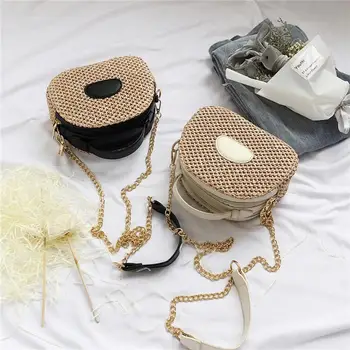 

Summer Small Shoulder Bags Women Beach Straw Woven Double-Layers Zipper Bags Ladies Chain Crossbody Handbags for Travel