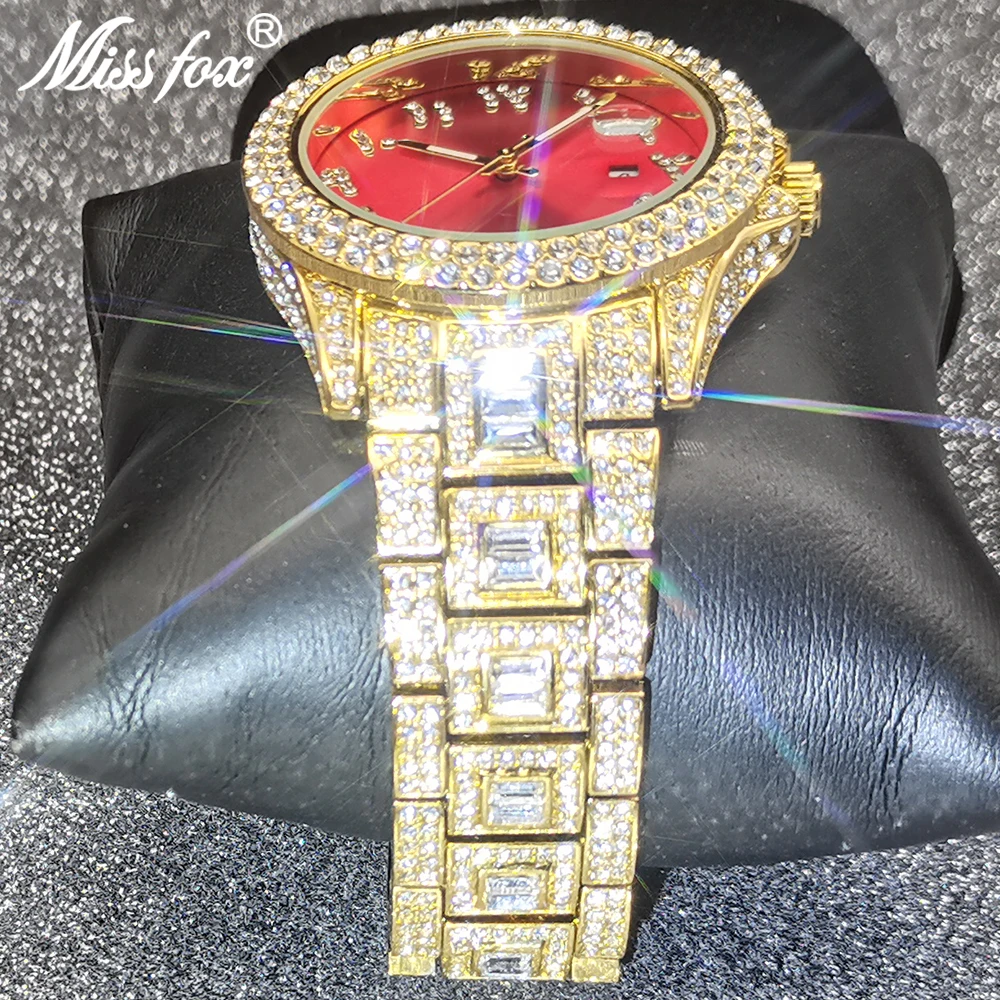 MISSFOX Jam Tangan Pria Hip Hop Berlian Jam Tangan Merah Penjualan Terbaik  Jam Tangan Pria Mewah Tahan Air Menyelam 18K Es Keluar Baja Tahan Karat  Penuh|Quartz Jam Tangan| - AliExpress