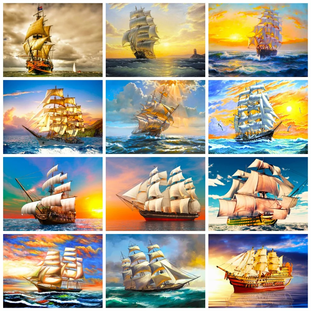 DIY Diamond Painting New Arrival Sailboat Home Decor Full Square round Mosaic Ship Embroidery Sunset Sea