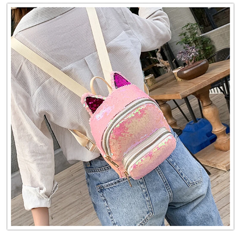 Модный женский мини-рюкзак из искусственной кожи с пайетками для девочек, рюкзак для путешествий в консервативном стиле, сумка на плечо, милые рюкзаки с ушами для девочек