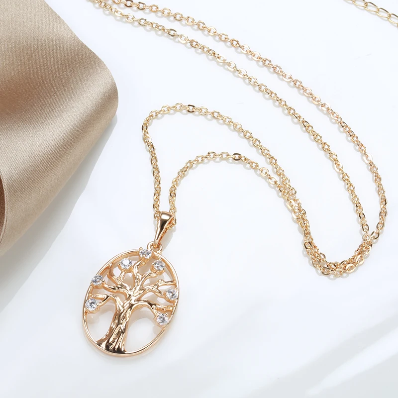 JULYDREAM Life Tree Geometric Oval Pendant 585 Gold Color Zircon Necklace Classic Long Chain Luxury Wedding Women Jewelry