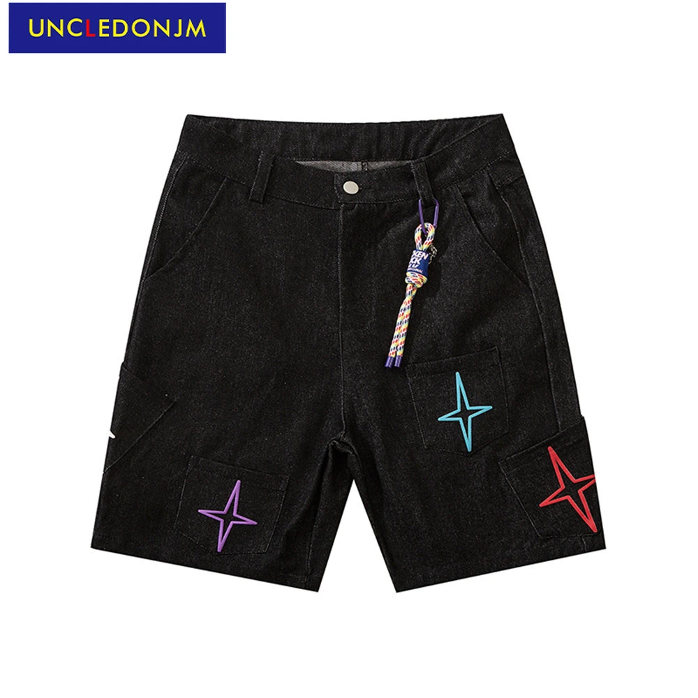 UNCLEDONJM pantalones cortos de mezclilla decorados con bolsillos bordados, jeans de hip hop, jeans de diseñador de verano para hombre, ropa de calle, jeans vaqueros| - AliExpress