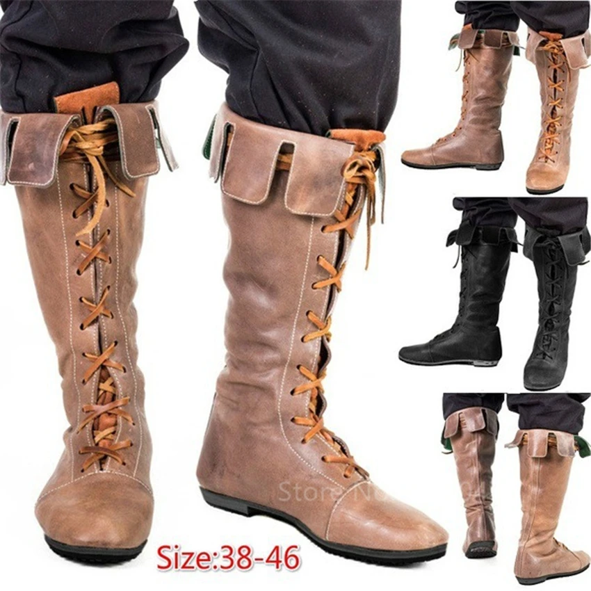 Botas de caballero para hombre y mujer, de cordones Vintage, disfraz de pirata vikingo la Media, disfraz de arquero de Halloween, elegante americano|zapatos| - AliExpress