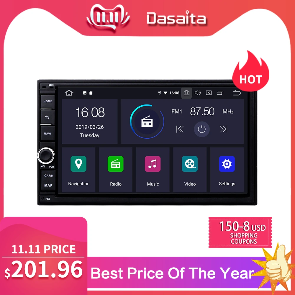

Dasaita 7" Android 7.1 Car GPS Player Navi for Universal 2 DIN with 2G+16G Quad Core Car Stereo Multimedia No DVD Bluetooth DAB+