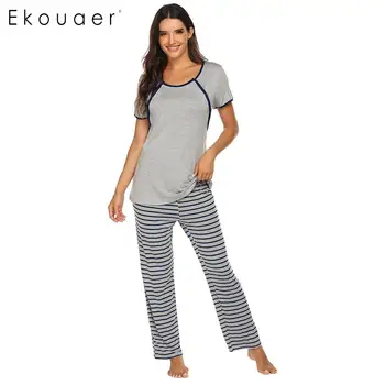 

Ekouaer Women Pajama Set Nightwear Short Sleeve O Neck Tops Striped Pants Two Pieces Pajamas Maternity Sleepwear Suit