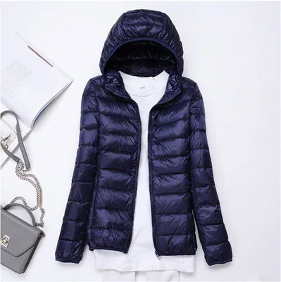 Dark blue Style 1 Красивый ультра-светильник, женские пуховики с капюшоном, зимнее пальто с длинным рукавом, теплая тонкая куртка 7XL размера плюс, женская одежда - Цвет: Dark blue Style 1