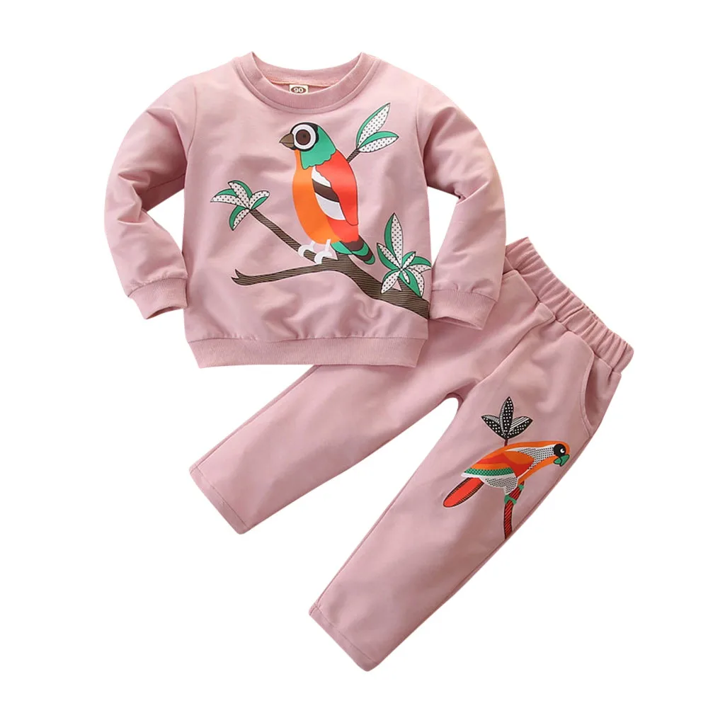 Pink Одежда для малышей для девочек, с изображением попугая, футболка, комплект из топа и штанов для девочек модные детские осенние Костюмы для отдыха, с длинным рукавом, детская одежда - Цвет: Pink
